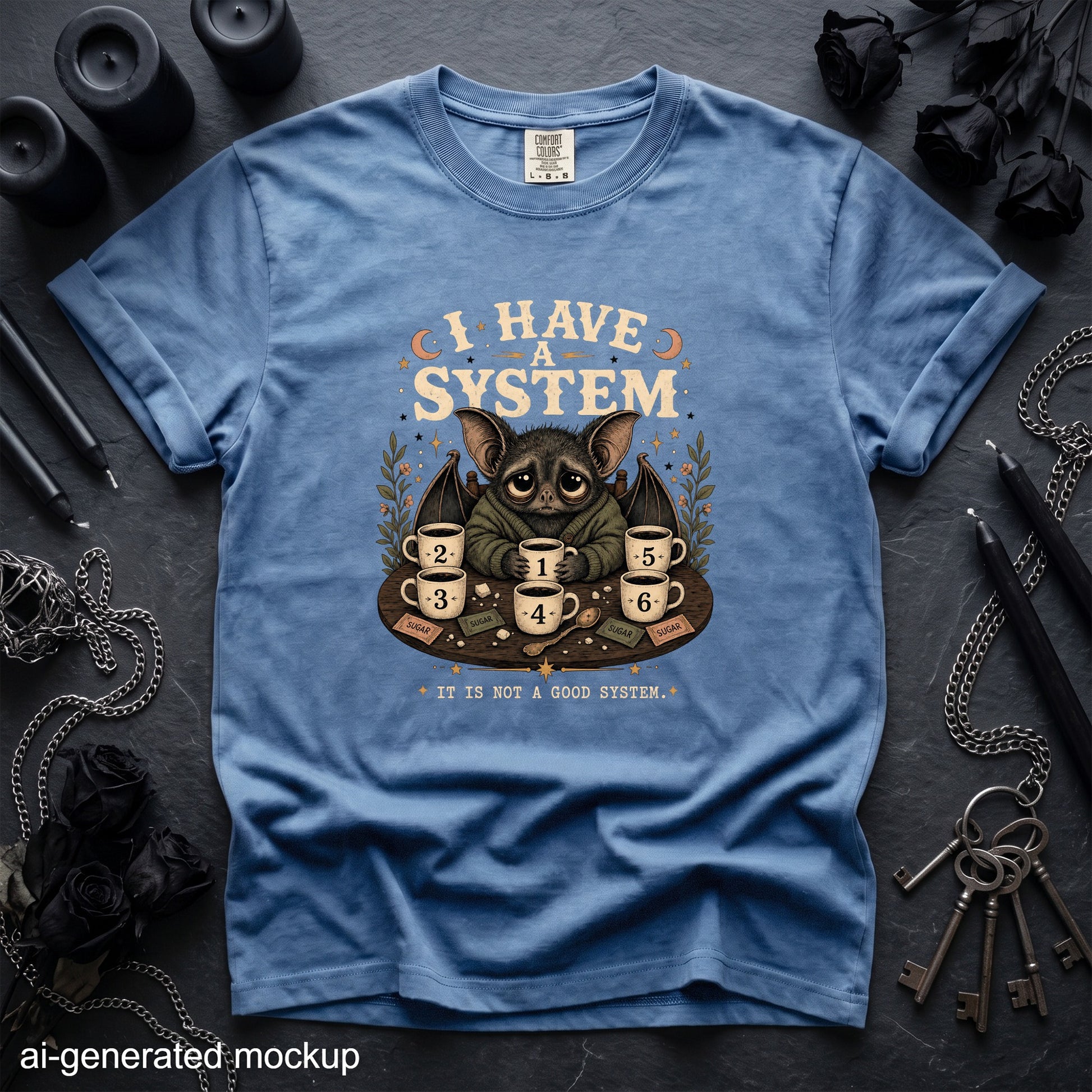 Blue t-shirt with a bat character and the text "I HAVE A SYSTEM IT IS NOT A GOOD SYSTEM."