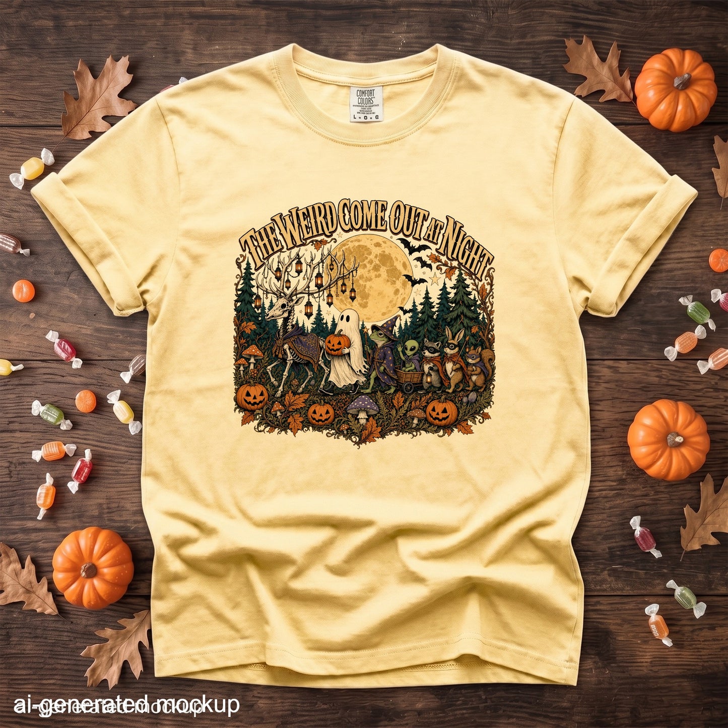 Yellow t-shirt with "The Weird Come Out At Night" Halloween graphic.