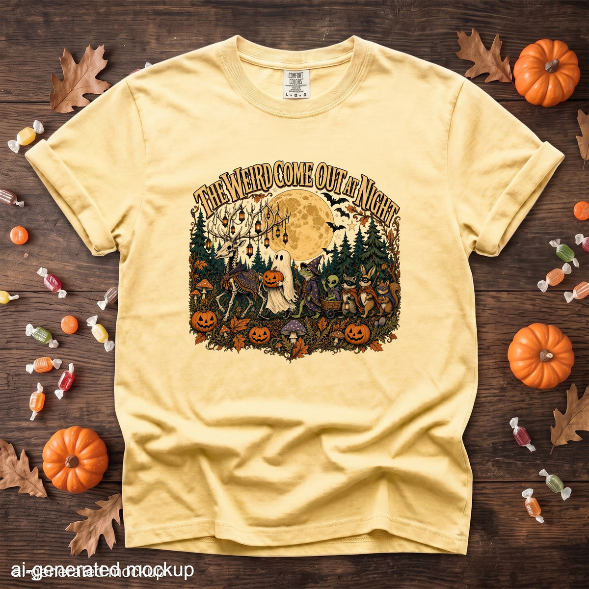 Yellow t-shirt with "The Weird Come Out At Night" Halloween graphic.
