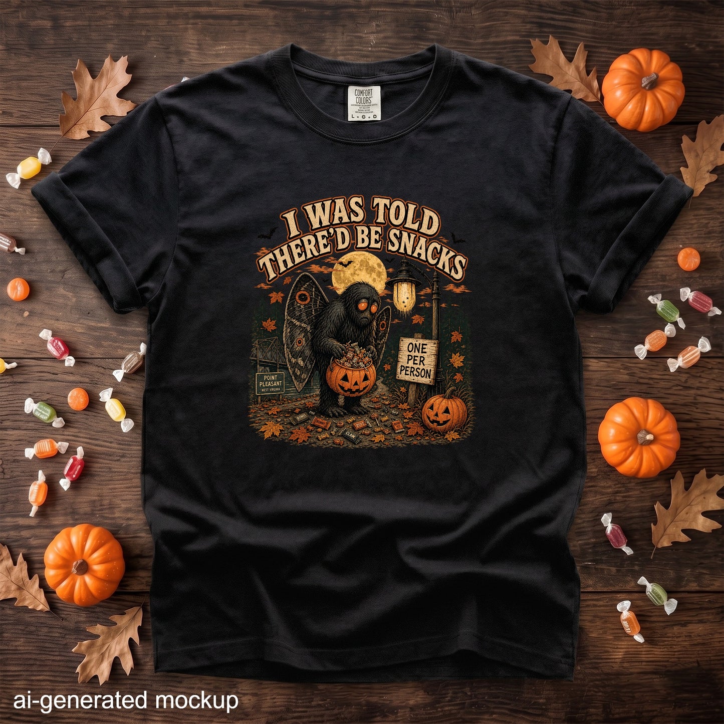 Black t-shirt with Mothman graphic, "I WAS TOLD THERE'D BE SNACKS" text.