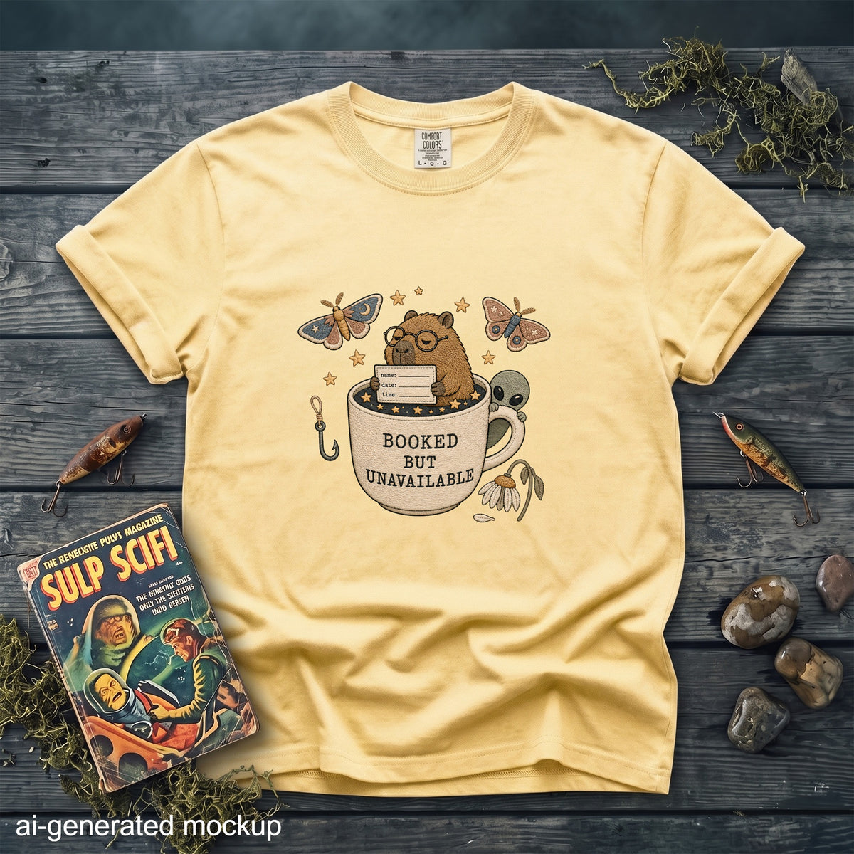 Yellow t-shirt graphic: beaver in mug, "Booked But Unavailable," alien, butterflies, stars.