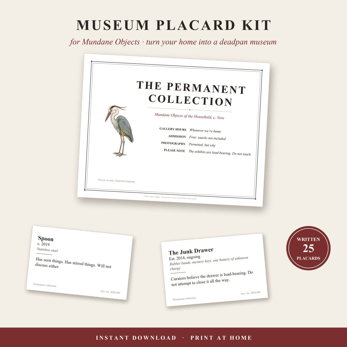 Museum Placard Kit: Permanent Collection sign and printable placards for everyday objects