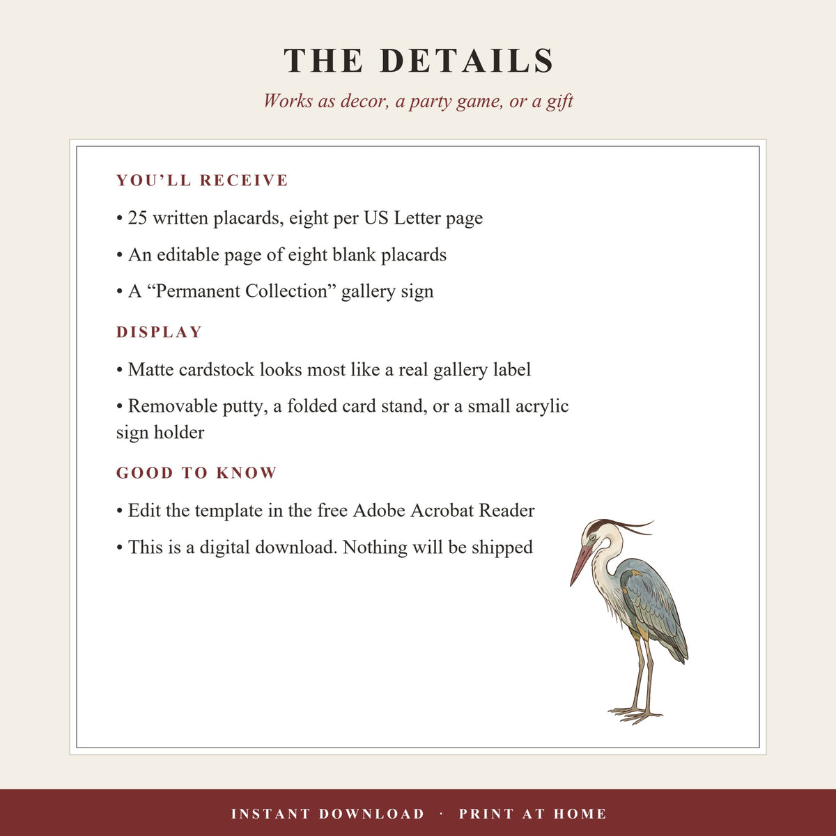 Placard kit details: US Letter PDF, 3.6 by 2.3 inch placards