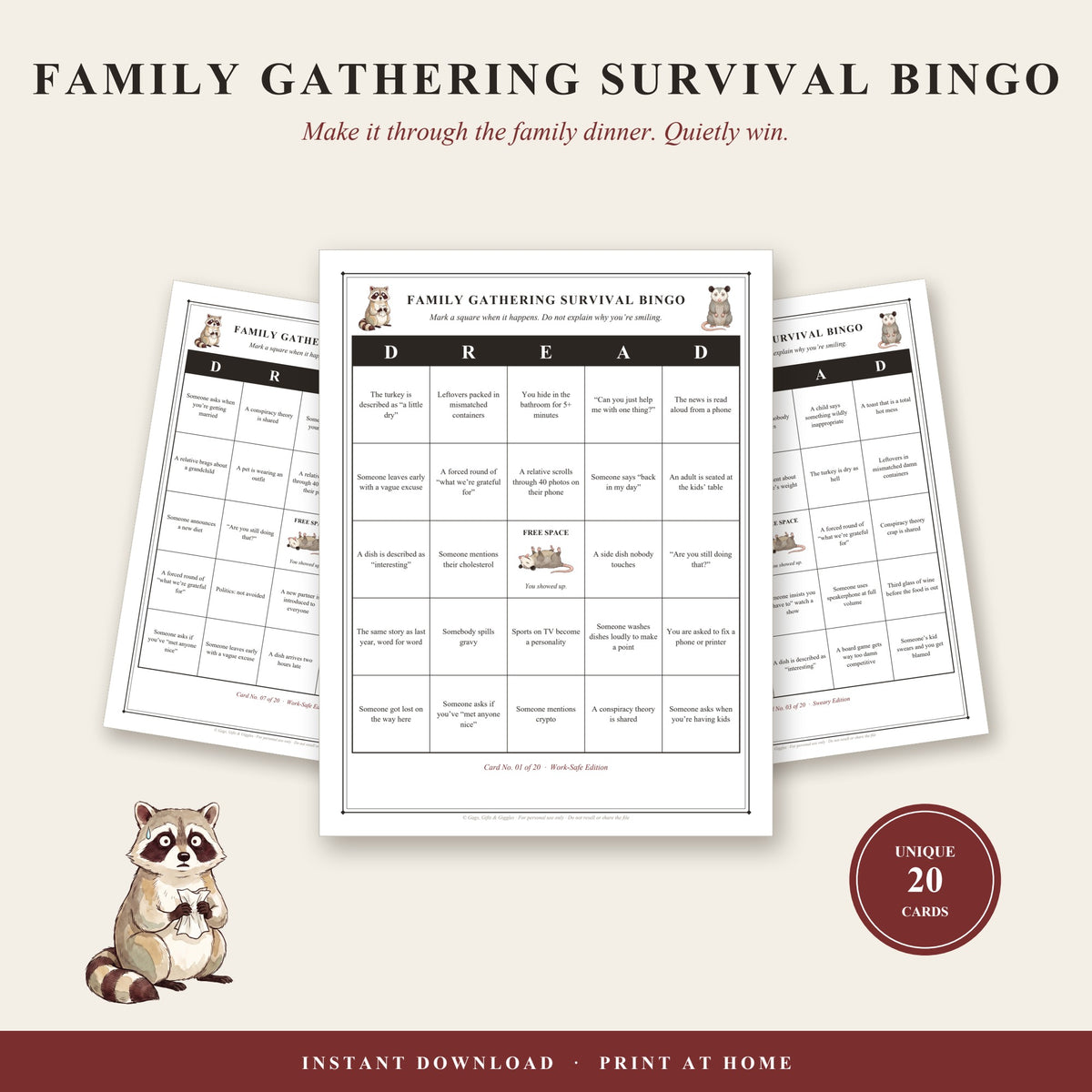 Family Gathering Survival Bingo: three printable bingo cards for Thanksgiving and Christmas