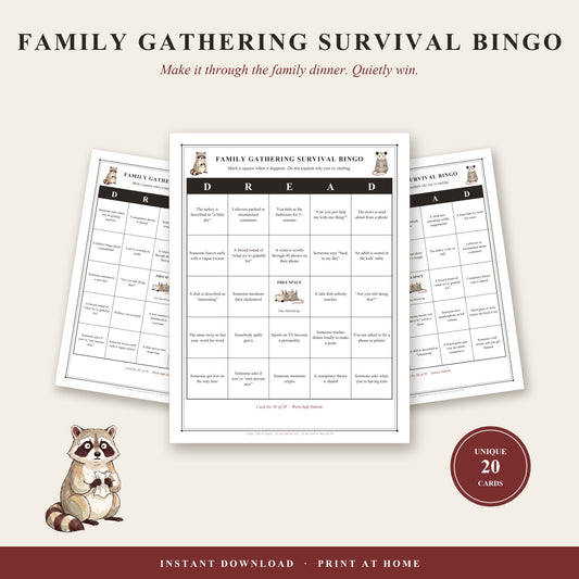 Family Gathering Survival Bingo: three printable bingo cards for Thanksgiving and Christmas