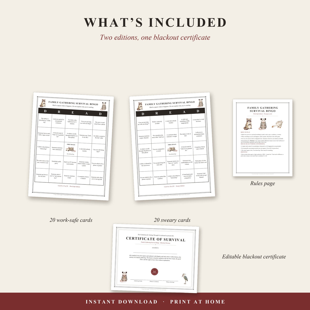 What's included: work-safe cards, sweary cards, rules page and blackout certificate