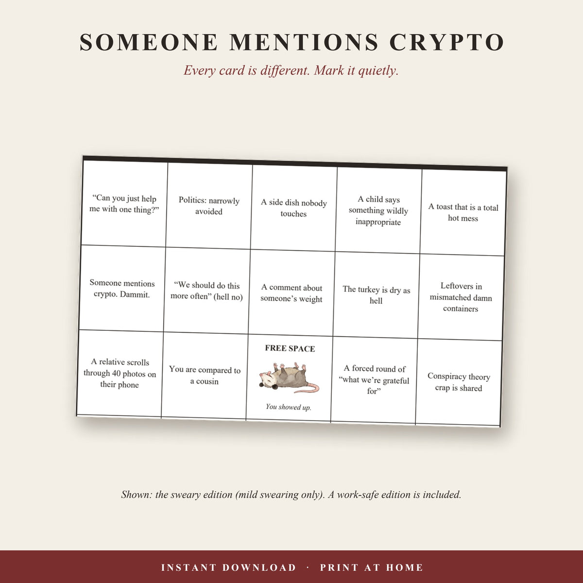 Close-up of bingo squares such as Someone mentions crypto